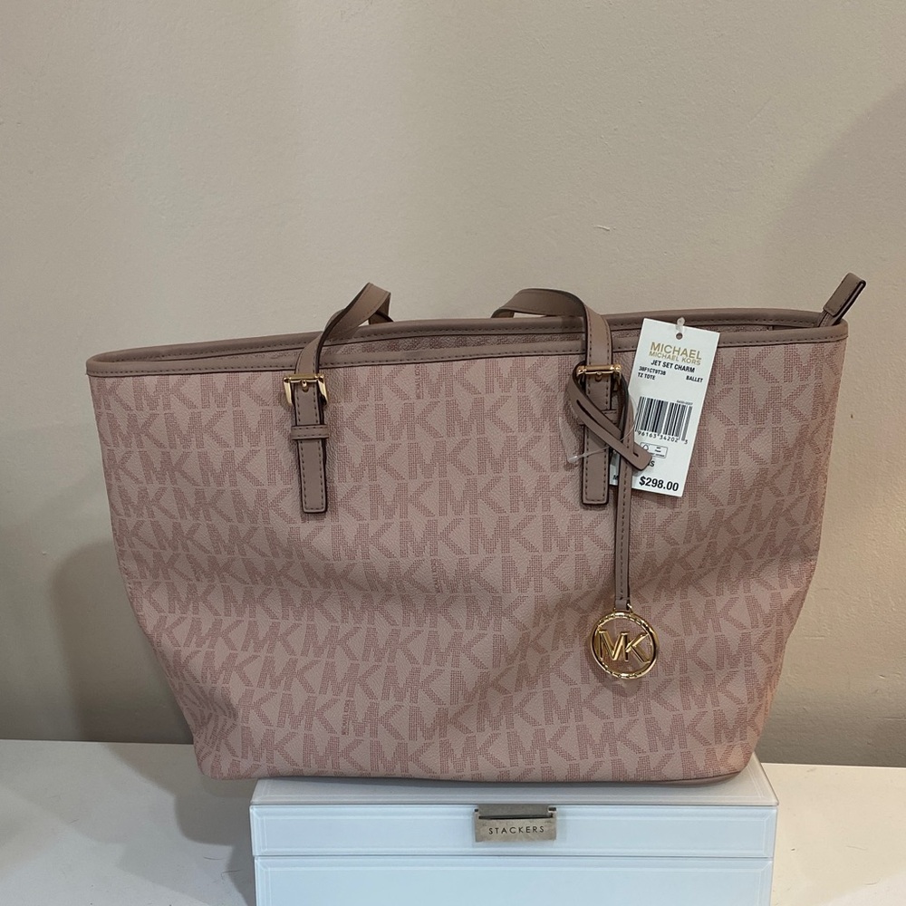 New Michael Kors Jet Set Charm Blush Monogram Tote